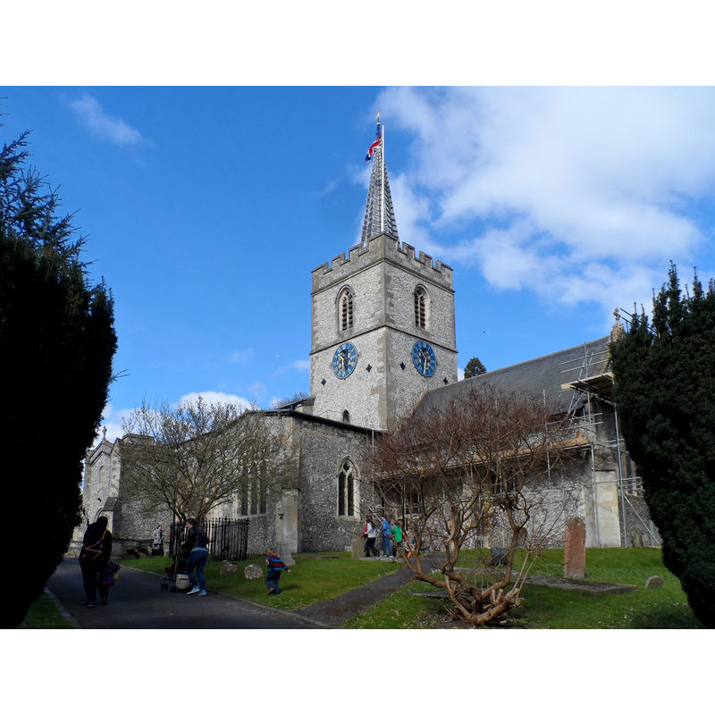 Source caption: "St Mary's, Chesham. The earliest part of the church are C12. The nave and aisles are C13 and the tower C14. The church was restored Giles Gilbert Scott 1868-9."
