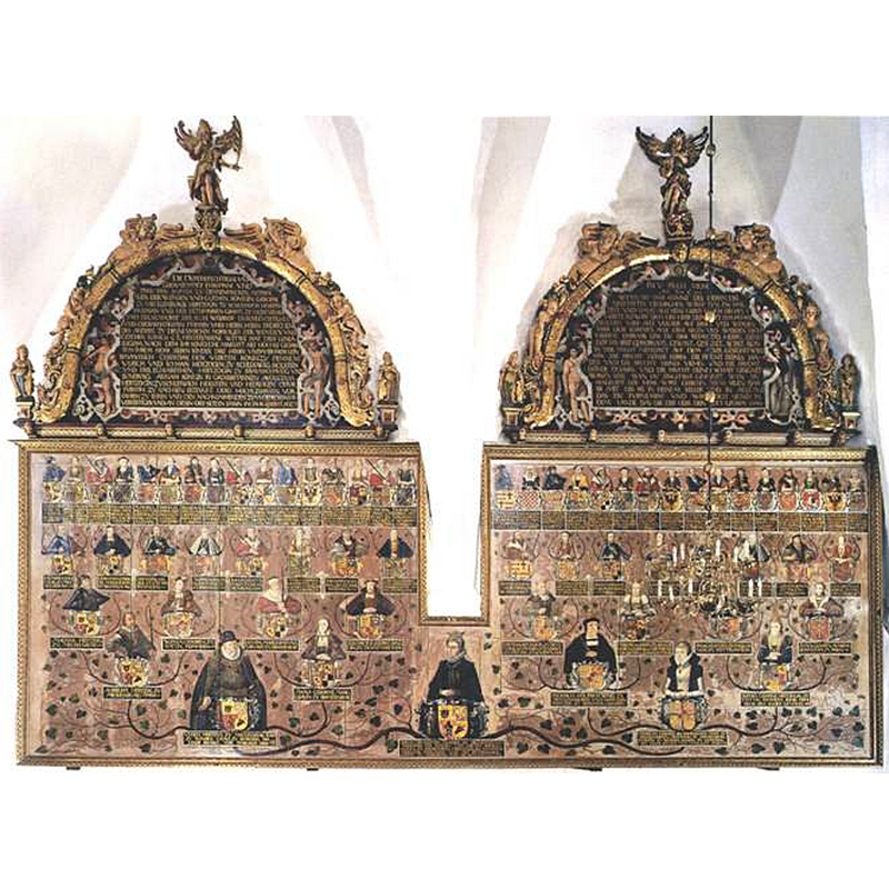 Mecklenburgske anetavle, genealogical table of Sophie of Mecklenburg-Güstrow (1572–1588), dowager queen of Denmark; by Antonius Clement, of Odense -- the genealogical table hangs in this church