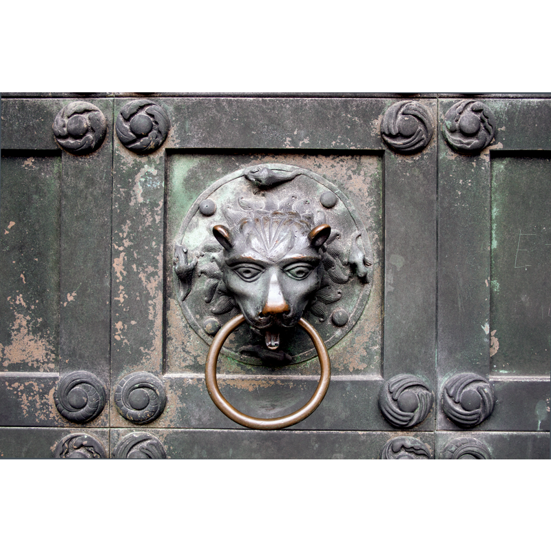 the beautiful bronze feline head door-knocker that gives the name 'Kathoveddøren' to the portal