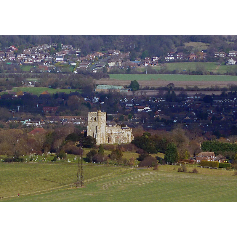 Source caption: "Edlesborough Church from Ivinghoe Beacon. The church of St Mary the Virgin in Edlesborough can be seen for miles around, perched as it is on a 125m hill. It is seen here from the top of the 233m Ivinghoe Beacon."