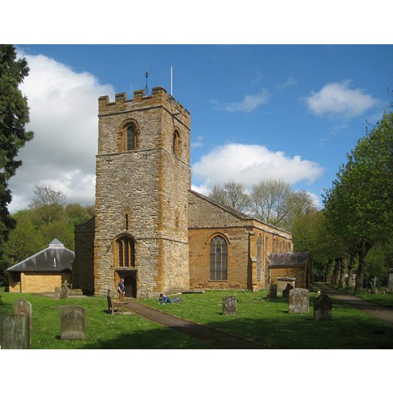 Source caption: "Weedon Bec: The Church of St Peter and St Paul. The tower dates from the late 12th century but the body of the church was rebuilt in 1825. The church is a Grade II* Listed Building and the churchyard contains two Grade II Listed chest tombs, one, if not both of which, are visible in the photograph."