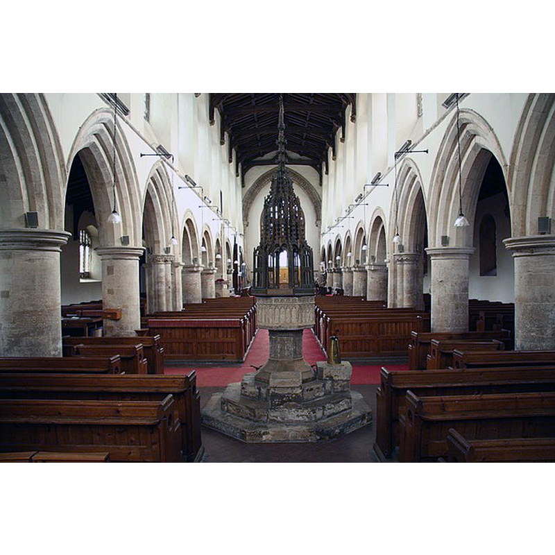 with a view of the west side of the font and cover in the foreground -- Source caption: "St.James' nave. Fantastic nine-bay Norman arcades, the three west bays (nearest) are pointed gothic but late 12th century nonetheless, part of a former Priory church at Freiston"