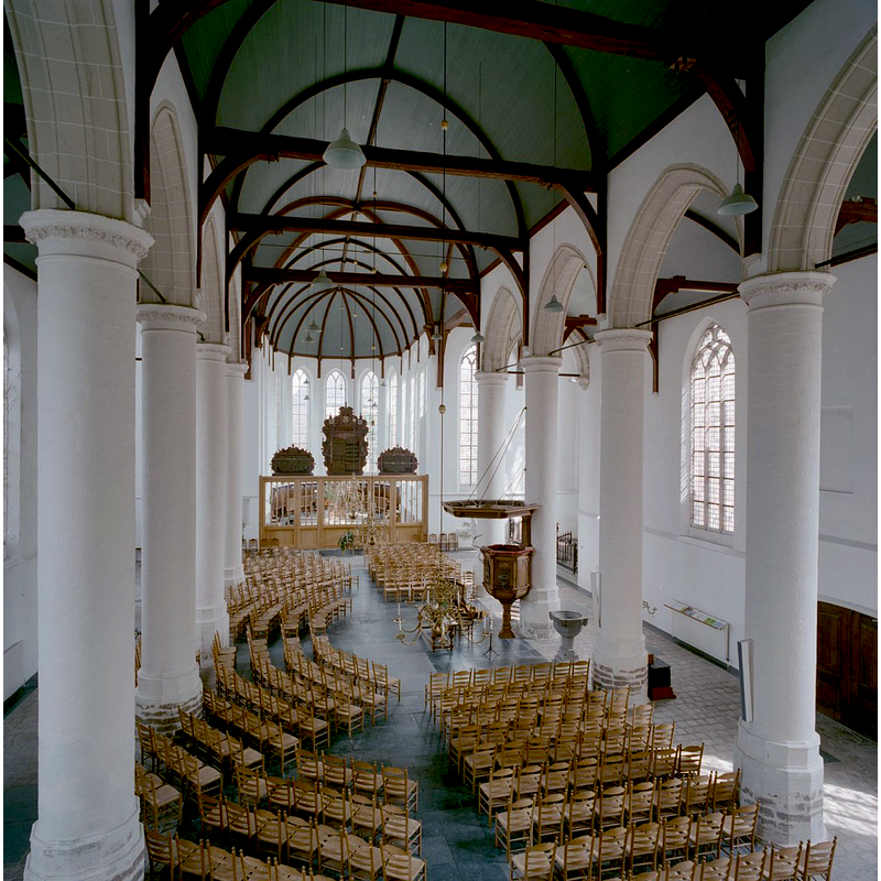 the font by the pulpit, in the nave, looking east