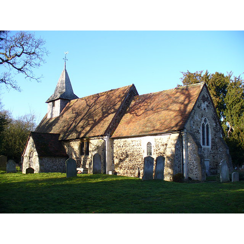 Source caption: "Pyrford Church. The Norman church of St Nicholas sits on a hilltop above the River Wey. Pyrford Village, east of the church, is far smaller than modern Pyrford, 1-2 kilometres north (now part of Woking's sprawl)."