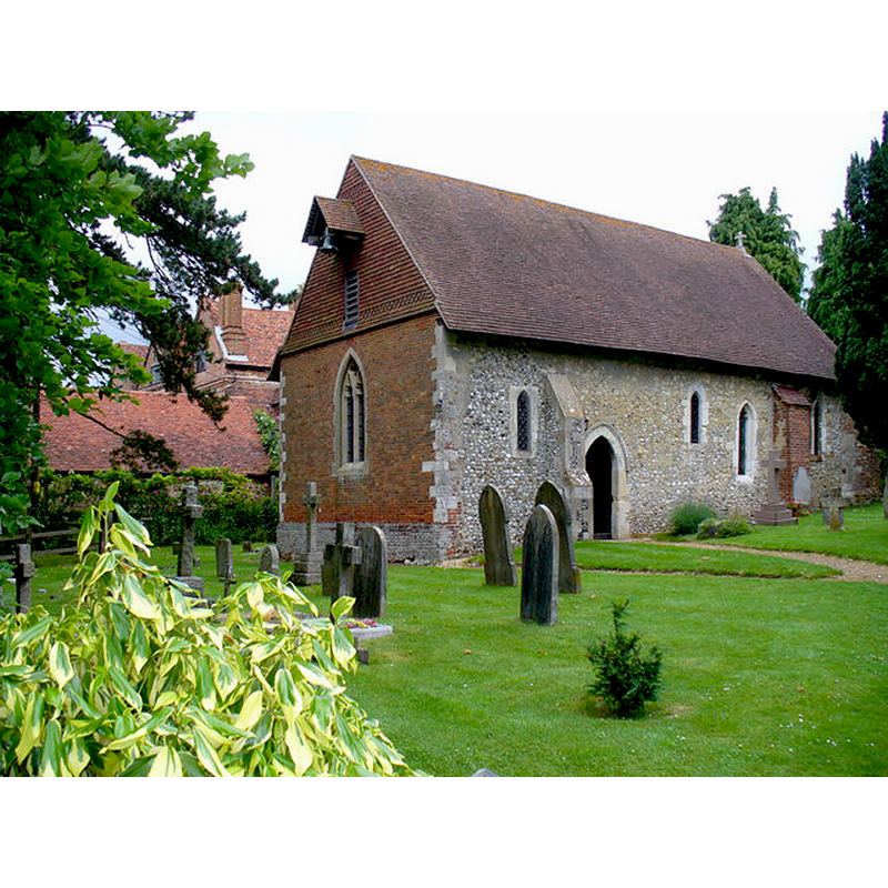 Source caption: "St Bartholomew, Wanborough. Reputedly Surrey's smallest church, 45x18 feet, on a site where a Saxon church existed. Today's church is mainly Norman. behind it is Wanborough Manor, a WW2 training school for the SOE."