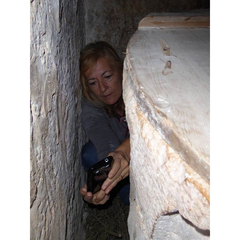 Carme Ferrer photographing the difficult-to-reach sides of the font -- tablets and cell phones can reach where most other cameras cannot [NB: why were the most interesting sides of this font turned against the corner?]