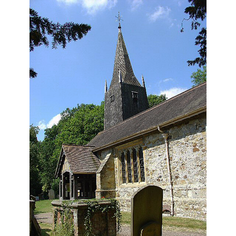 Source caption: "St Bartholomew Church, Burstow, Surrey. A delightful half timbered 11th century Church of England church in this tranquil village (other than all of Gatwick airports air traffic that thunders a few hundred metres overhead!). Restored 184-95."