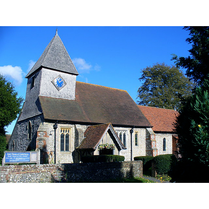 Source caption: "Saint Thomas of Canterbury, East Clandon. Parish church on the site of a church since Domesday times. It is flint-walled with a shingled tower."