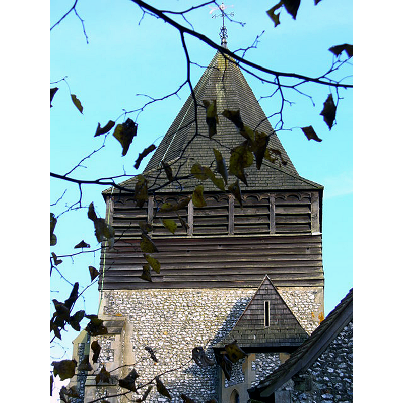 Source caption: "West Clandon Church Tower. This flint church has an uncommon wooden top to its tower."