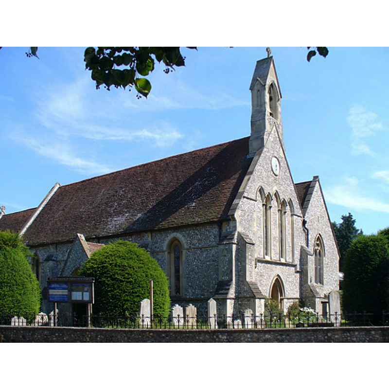 Source caption: "St Mary Magdalen, Ripley. Norman, flint-walled parish church on the southern side of Ripley's High Street."