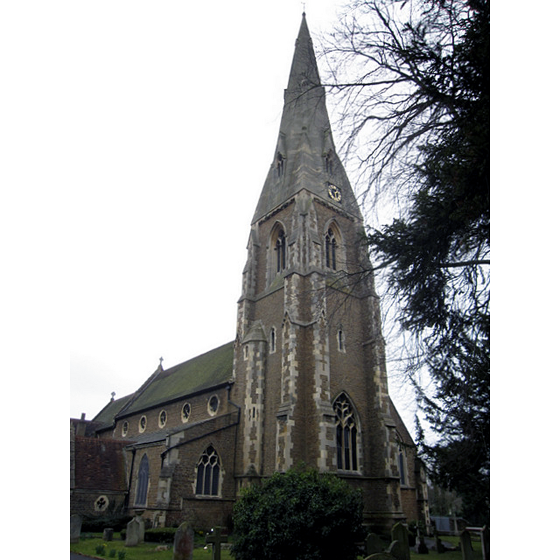 Source caption: "St James' church and spire. Looking towards St James' church from the graveyard near Church Street." [the modern church]