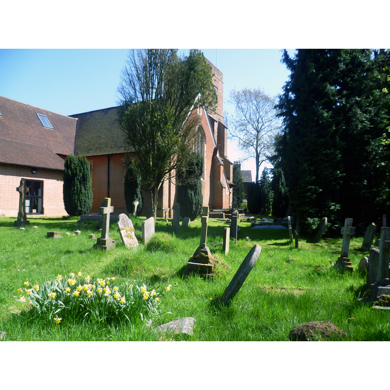 Source caption: "In the churchyard of St John’s, Old Malden. Here are to be found the remnants of the old village of Malden, consisting of St John’s Church, the Manor House and Manor Farm. The flintwork of the chancel is medieval. The rest of the church is early 17th century. In 1875, a new nave and chancel were built (seen here in front of the tower), reducing the previous nave and chancel to a south aisle and south chapel."