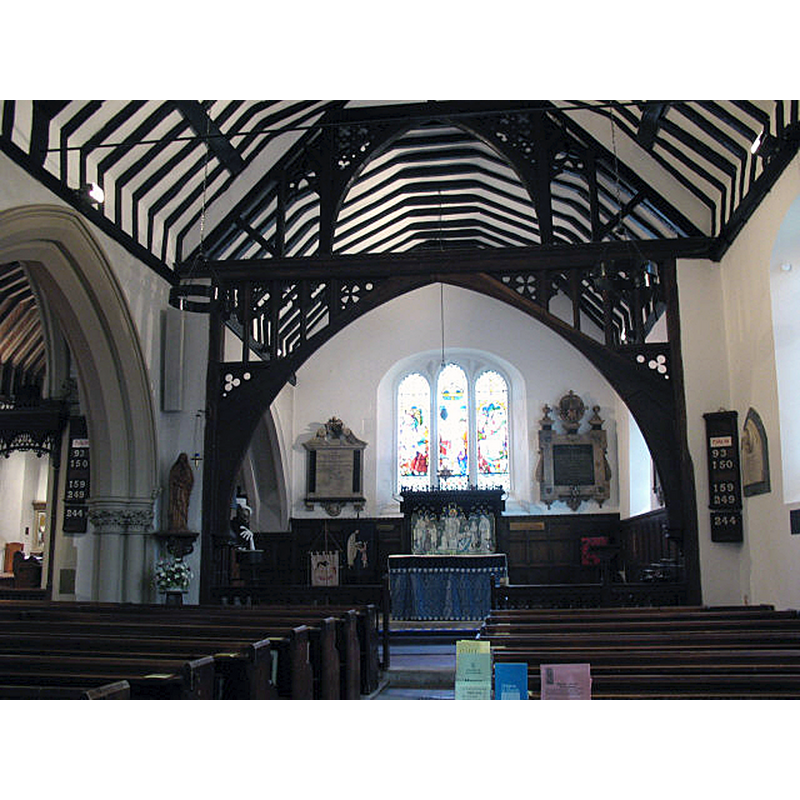 Source caption: "Interior of St John's church. An interior view of the 17th century nave (restored 1863) and mediaeval lady chapel"