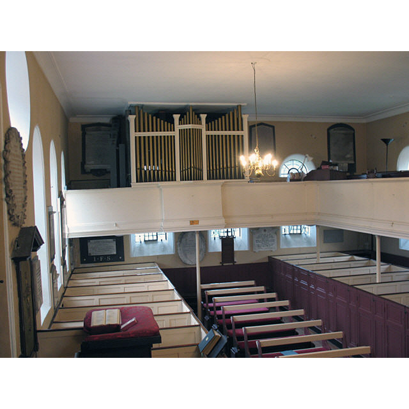 Source caption: "The interior of Petersham parish church [...] showing the Georgian box pews and the unusual gallery organ (which may be replaced in the next few years)."