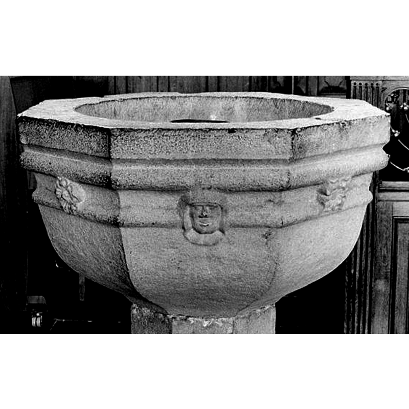 some square, some Tudor-rose like; one on every other side of the basin, alternating with the human heads