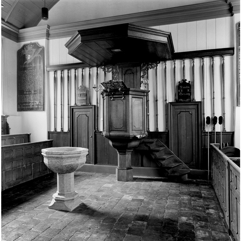 the font usually near the pulpit, in the tradition of the Dutch Reformed Church