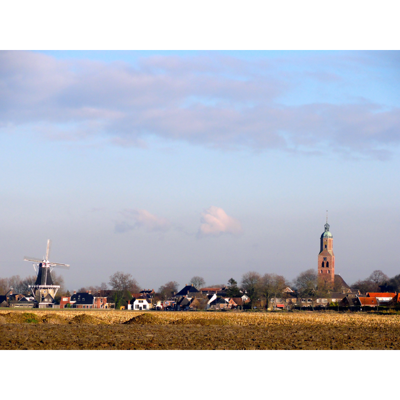 the restored mid-17thC tower of Sint-Laurentiuskerk, prominent in the Eenrum landscape