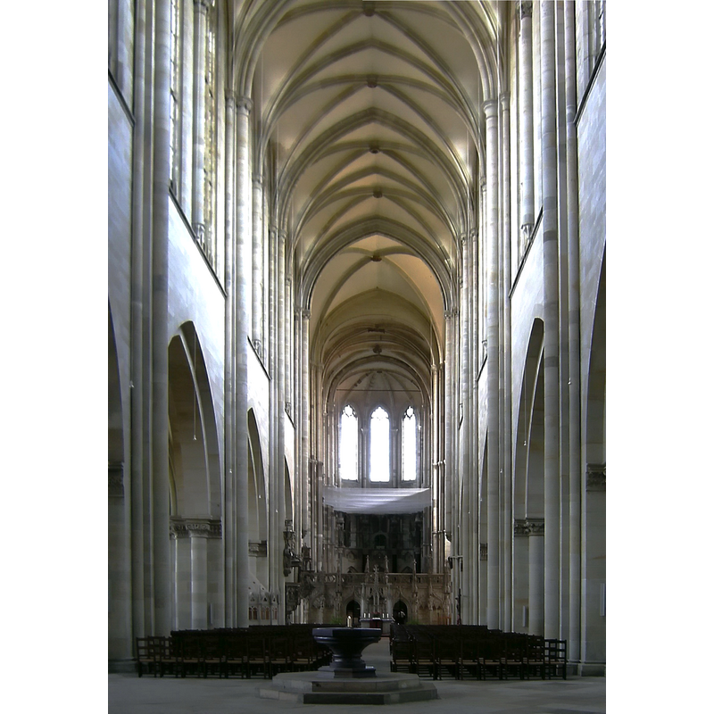 with the font at the centre of the nave, looking east