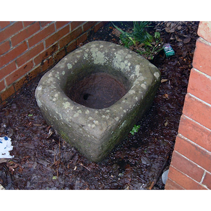 Source caption: "Font after removal of flowers, drain-hole visible. Gavinburn Library is scheduled for closure, and the font will be moved to the museum store of West Dunbartonshire Council Culture and Leisure Services on Poplar Road, Dumbarton."