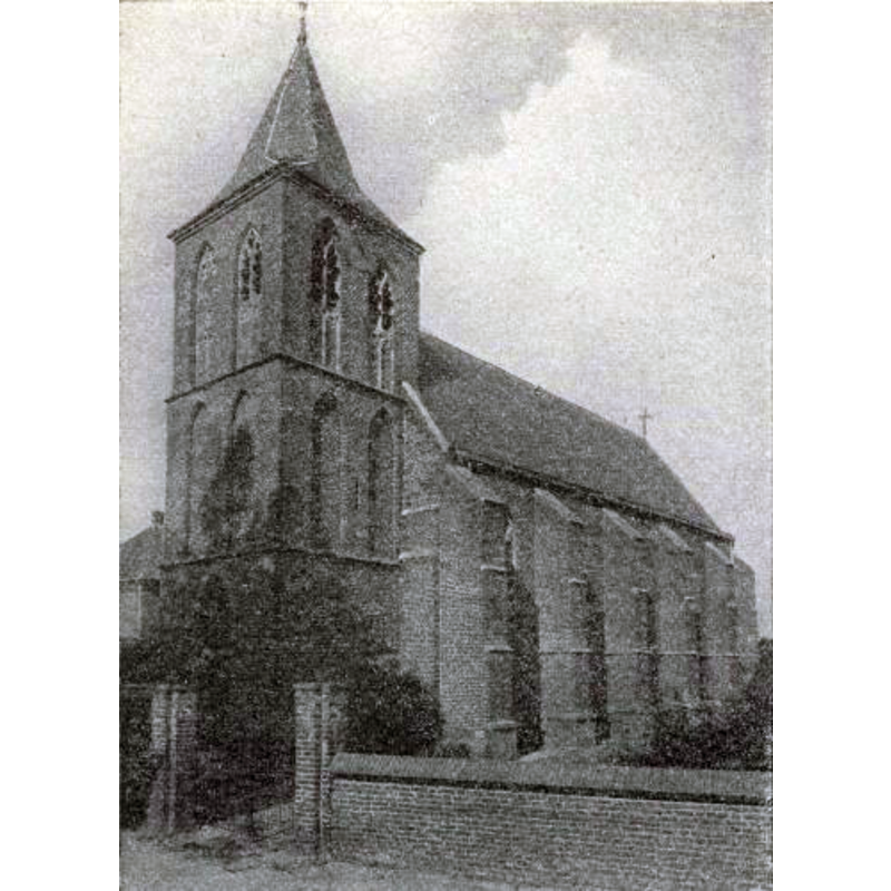 the earlier church here showing the 19th restoration; the tower was blown up by the retreating German army in November 1944 damaging the whole of the church; it was re-built after the war