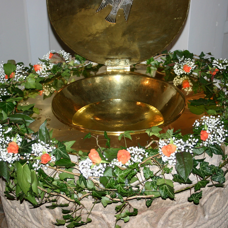 showing the metal baptismal dish insert and its cover