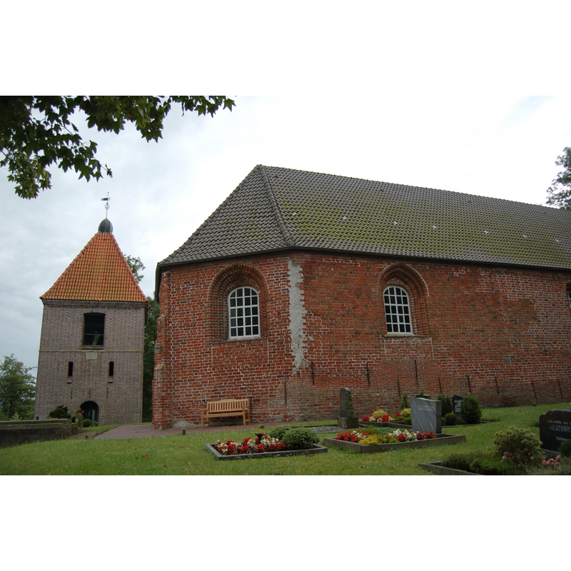 with the detached bell tower re-built in 1912 at the southeast end of the church
