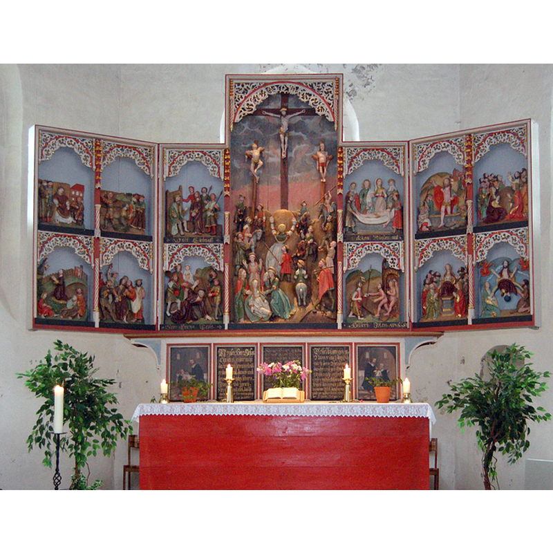 the retable originally ca. 1500; restored and re-built in 1945