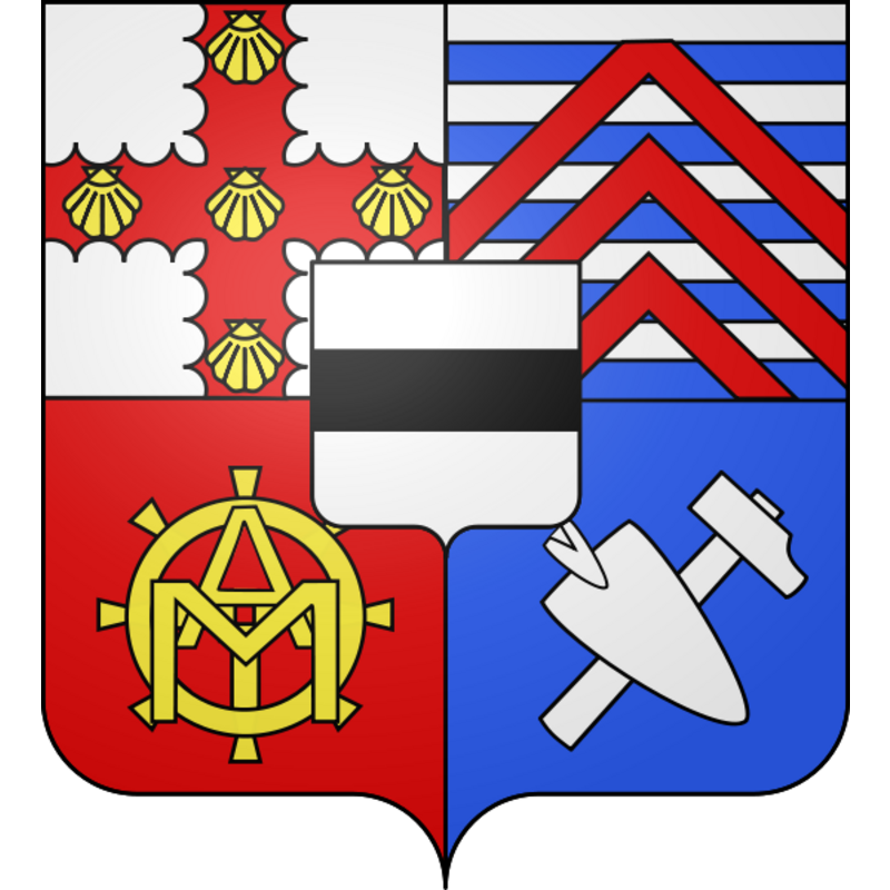Source caption: "blason de la commune de Liancourt, oise, france : Ecartelé au 1) d’argent à la croix engrêlée de gueules chargée de cinq coquilles d’or, au 2) burelé d’argentet d’azur aux trois chevrons de gueules, le premier écimé, brochant sur le tout, au 3) de gueules aux monogramme des Arts et Métiers d’or, brochant sur une roue dentée du même au 4) d’azur au soc de charrue d’argent et au marteau du même passés en sautoir ; le tout d’argent à la fasce de sable."
