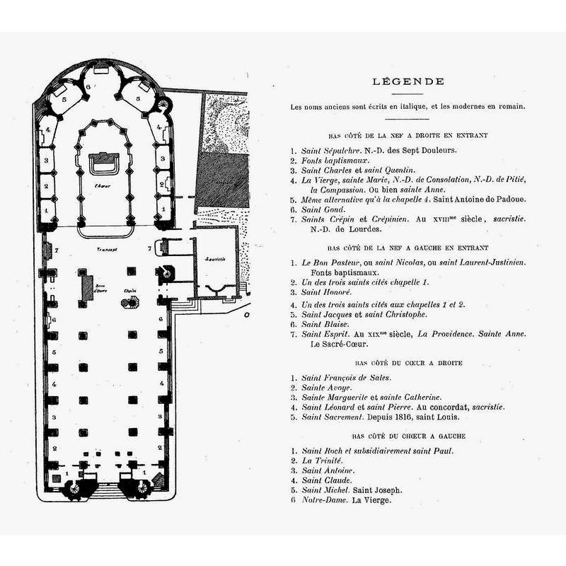 Source caption: "1909 Plan au sol de l'église par Paul Guynemer, avec légende."