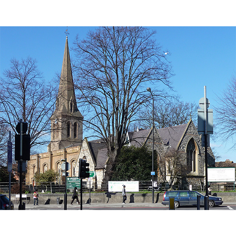 Source caption: "St Leonard, Streatham High Road. Streatham's parish church and oldest building. Its foundations date back to Saxon times and the tower is C14th, but its appearance now is predominantly Victorian after the main body was rebuilt by J.Parkinson in c1832, and the chancel by Benjamin Ferrey in 1862. It was restored by the Douglas Feast Partnership in 1975 after a fire. Grade II listed. It is within the Streatham High Road and Streatham Hill Conservation Area."