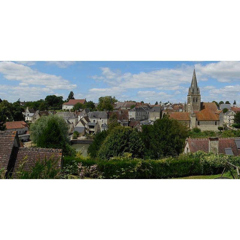 Source caption: "Vue panoramique du centre de Ferrière-Larçon, on peut y voir l'église paroissiale Saint-Mandé Saint Jean, une des trois constructions répertoriées de Ferrière-Larçon."