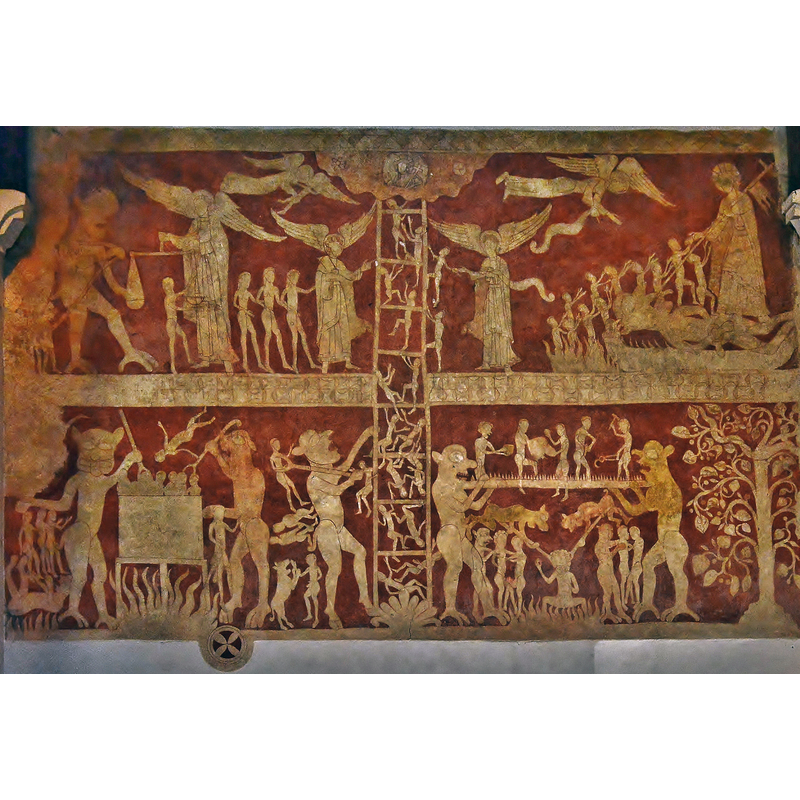 Source caption: "Chaldon: The Church of St Peter and St Paul. The famous Chaldon Mural painted around 1200 and situated on the Norman west wall of the church."