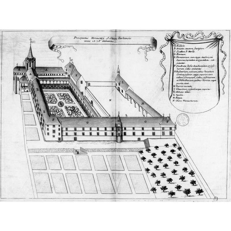 Source caption: "Planche gravée du 17ème siècle représentant l'abbaye de Saint-Savin-en-Lavedan, en France, dans le livre Monasticon Gallicanum."