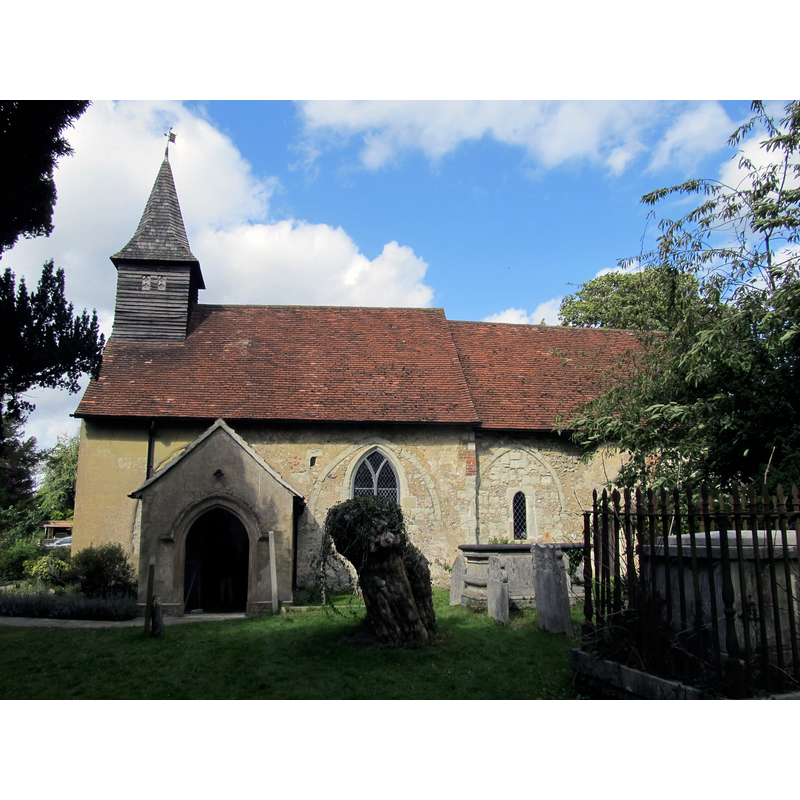 Source caption: "St Lawrence Church, Caterham. The original Norman church which was replaced by a larger Victorian church (St Mary the Virgin) which was sited directly opposite." [NB: the old font was removed to St John the Evangelist's church nearby]

CHRISTENING AT ST MARY'S WITH MOD FONT digital photograph in http://c7.alamy.com/comp/FCAR4D/christening-at-st-marys-church-caterham-on-the-hill-surrey-england-FCAR4D.jpg [accessed 22 March 2016]