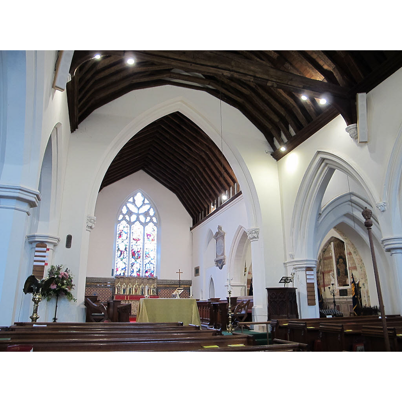 Source caption: "St Nicholas church: nave and chancel. The walls of the nave and chancel are pre-Reformation, but the chancel arch and East window are part of the Victorian restoration."