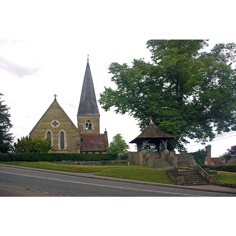 Source caption: "St James's Church, Titsey. The original church of St. James was situated near the present Titsey House. It was moved to its present site in 1776., and rebuilt in 1860-61 by Granville Leveson Gower to the design of J.L. Pearson, a Victorian Gothic Revival architect."