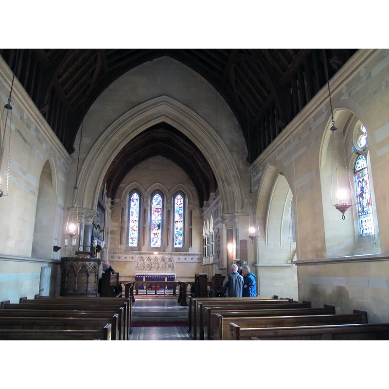 Source caption: "Church of St James, nave. Looking east along the nave. There are no side aisles, but a south transept beneath the tower"