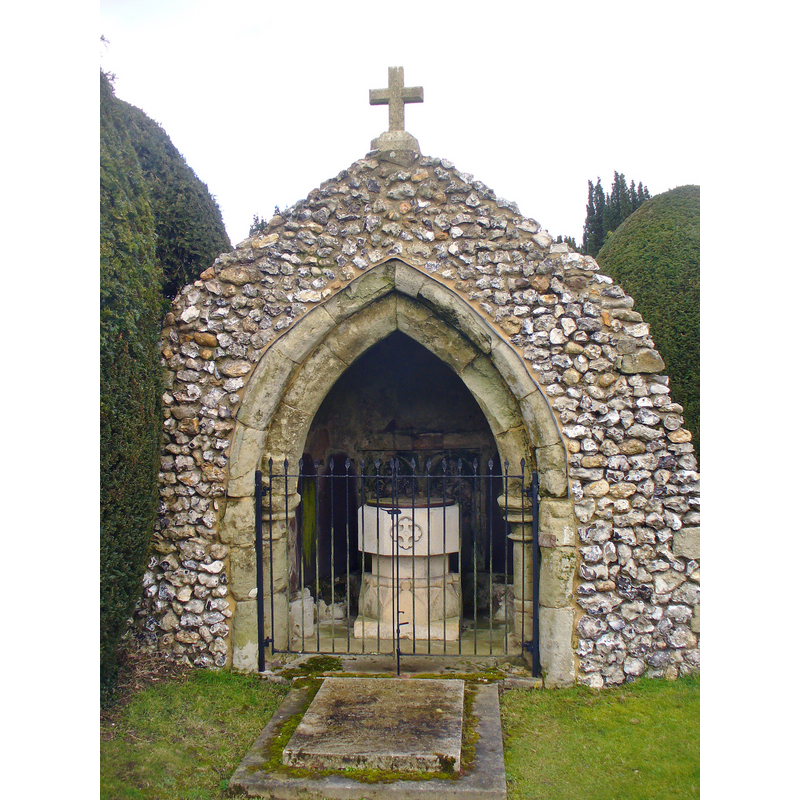 the 18thC (?) font inside the grotto that contains all that is left of the old church [cf. FontNotes]