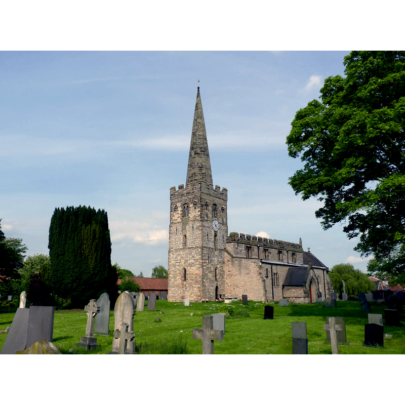 Source caption: "St Mary's Church, East Leake. An impressive village church, seen here from the south west corner of the churchyard. The tower dates from the 12th century, with the battlements and spire added in the 15th century. The bell chamber lights are 14th century insertions. The south aisle is basically 14th century although the various windows and the porch are not original to this date. The clerestory is a typically 15th century addition in Perpendicular style."