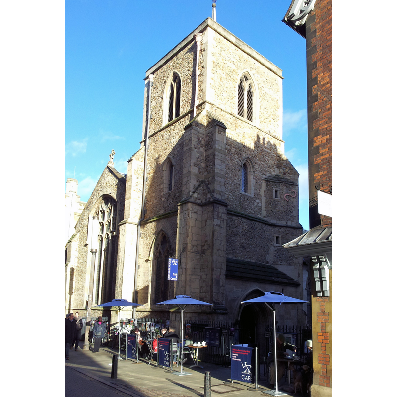 Source caption: "The Michaelhouse Centre / St Michael's Church in Cambridge"

EXT S PORTAL digital photograph taken 9 February 2015 by Oxfordian Kissuth [https://commons.wikimedia.org/wiki/File:Michaelhouse_Café_-_Cambridge.jpg] [accessed 7 April 2016] Source caption: "Eingang zum Michaelhouse Café in der St Michael's Church auf der Trinity Street in Cambridge" -- MY NOTE: the former church south portal opens now to the Michaelhouse Café  CC-BY-SA-3.0