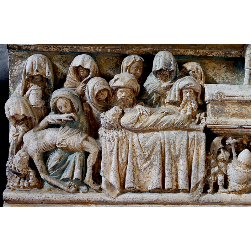 Source caption: "Scènes de la Passion du Christ. La basilique de la Daurade renferme douze chapiteaux sur le thème de la Passion du Christ. Ce second atelier fait ressortir plus de détails : c’est la période de maturité de la sculpture romane avec des scènes plus dynamiques et spirituelles qui produisent une intensité émotionnelle et dramatique."