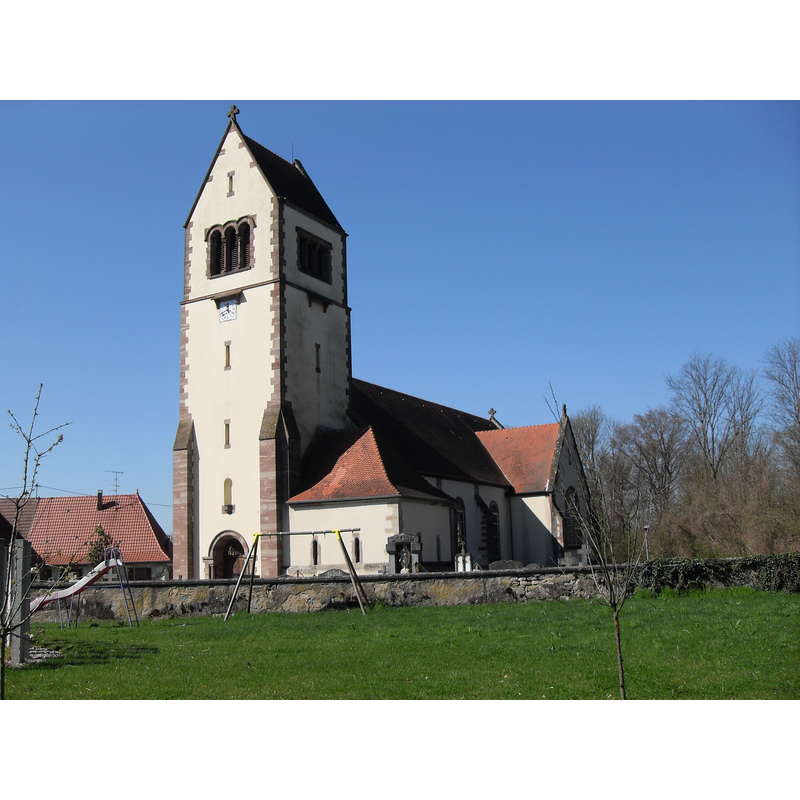 the parish church at Gildwiller; the old font was found in its churchyard, later removed to a museum