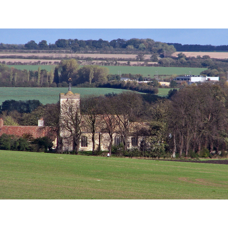 Source caption: "Mare Way to Great Eversden Church. A long zoom shot from the top of the chalk ridge to the south of the village, nearly three-quarters of a mile from St Mary's."