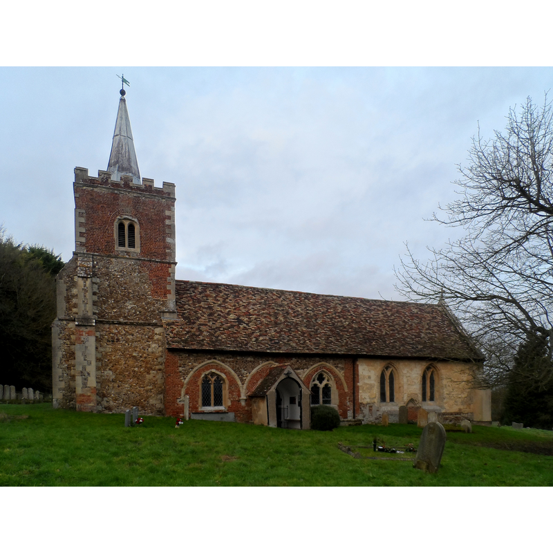 Source caption: "St Nicholas' church, Arrington Mostly C13. The bell stage of the tower is C17. The two chancel windows (far right) are C13."