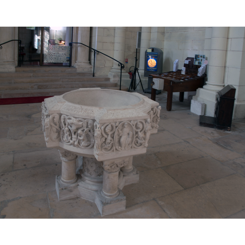 the modern font in the baptistery