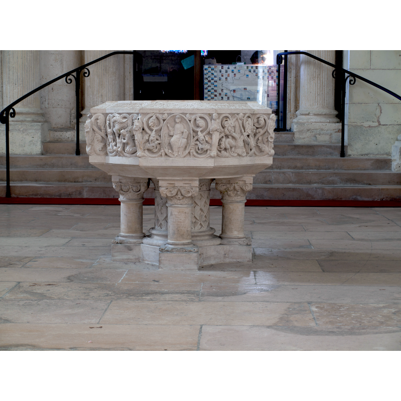 the modern font in the baptistery