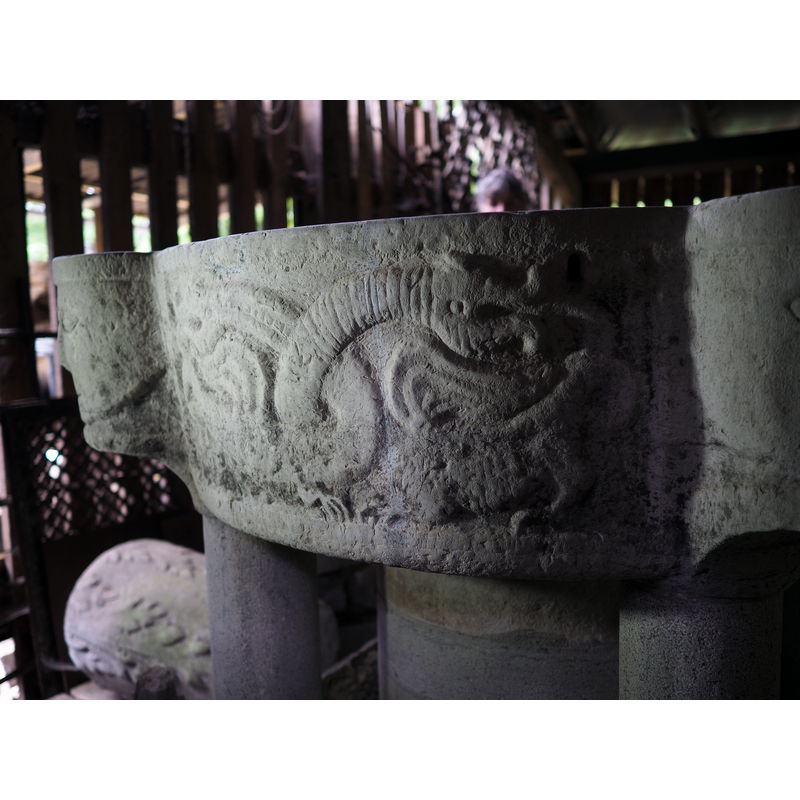 on the basin side, between the single dragon (left) and the second lion head with vegetation (right) -- very similar to one found on the font at Nouvion-sur-Meuse, but the two necks here are differently patterned