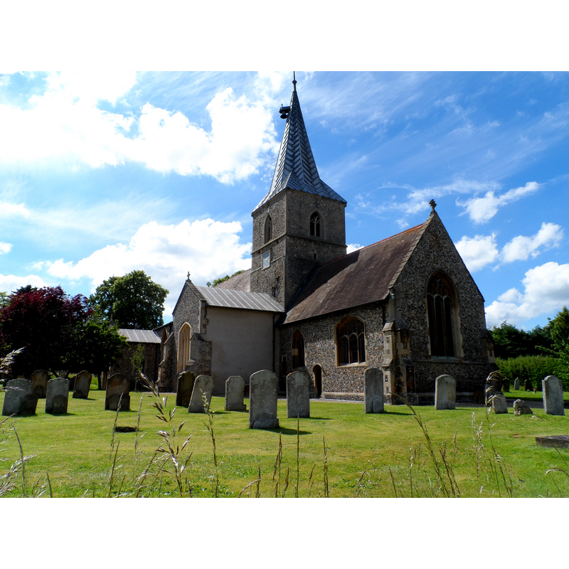 Source caption: "St Mary Magdalen, Ickleton. C11 church. The height of the tower was increased C14. There was a fire in 1979 and the repair work that followed revealed a set of C12 frescoes."