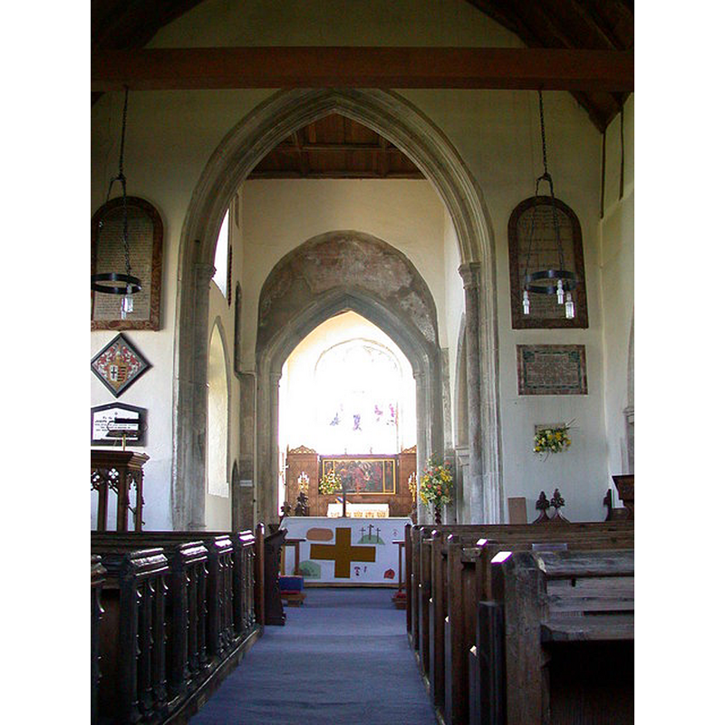 Source caption: "Whittlesford church, interior. [...] There are traces of a wall painting on the further arch, and two panels of commandments flank the nearer one - there are matching panels holding the Lord's Prayer and the Apostles' Creed on the west wall of the church."