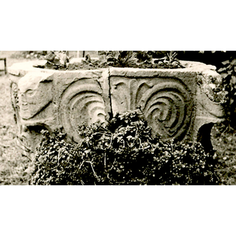 a beautifully rendered pair of linked mirror-imaged acanthus roundels; the tie ribbon is not visible in this image, covered by the branches below -- the image does show the vertical crack in the basin